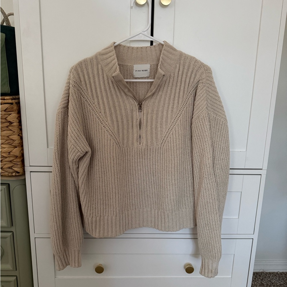 Pink Rose Beige Half-Zip Sweater